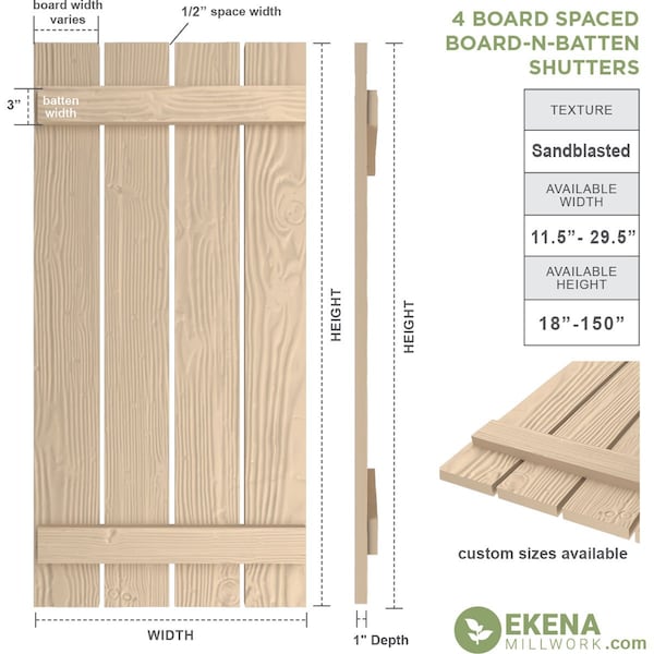 Rustic Four Board Spaced Board-n-Batten Sandblasted Faux Wood Shutters, 23 1/2W X 32H